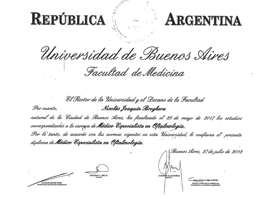 Argentina ophthalmologic doctor certificate