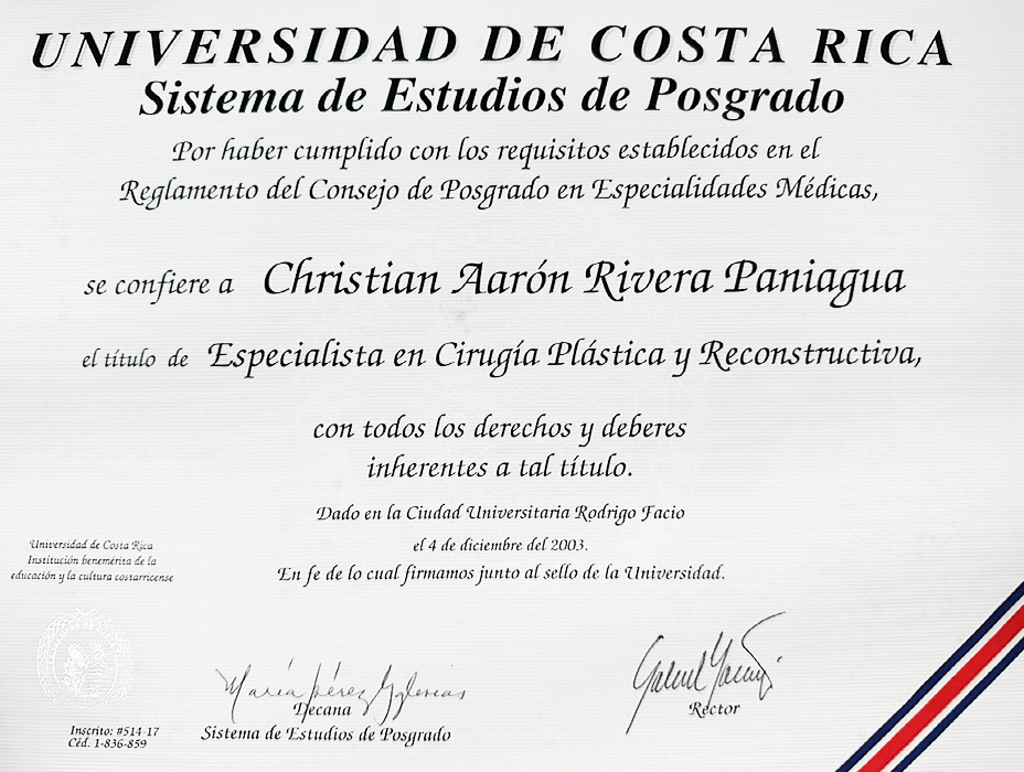 Costa Rica plastic surgeon doctor certificate