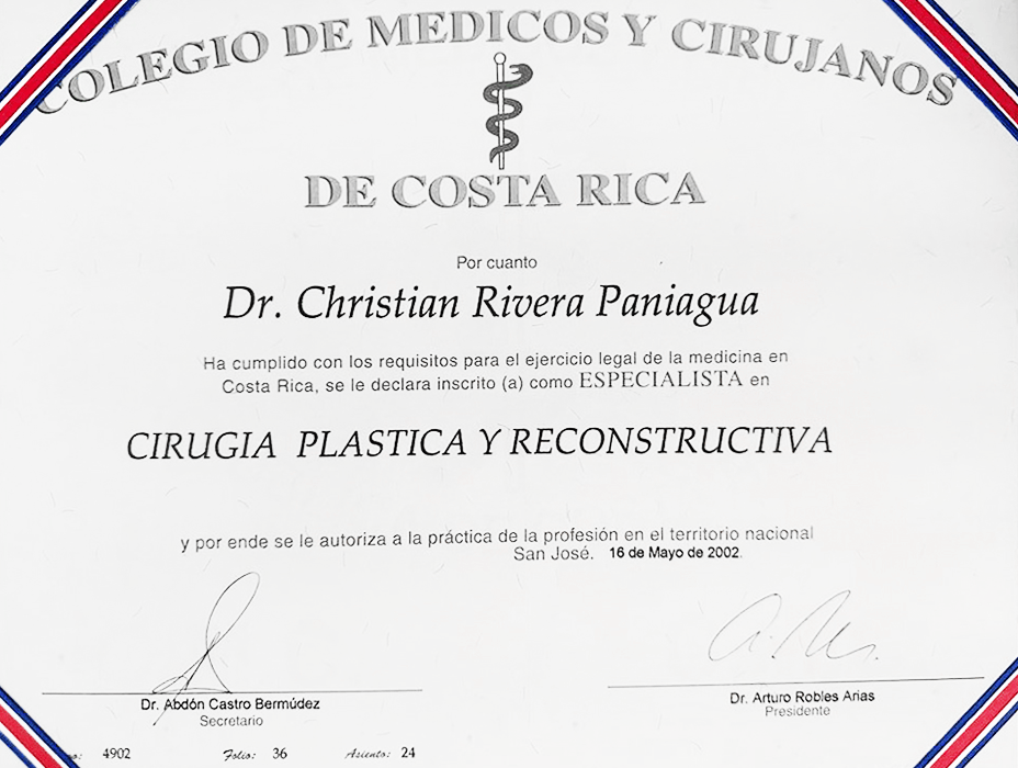 Costa Rica plastic surgeon doctor certificate