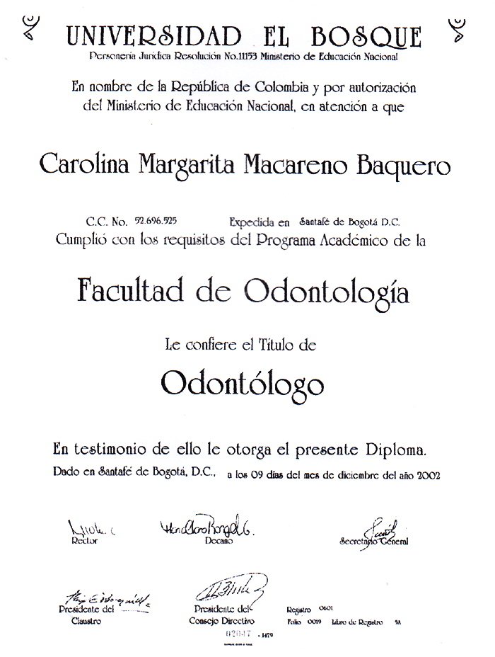 Medellin Dentist certificate